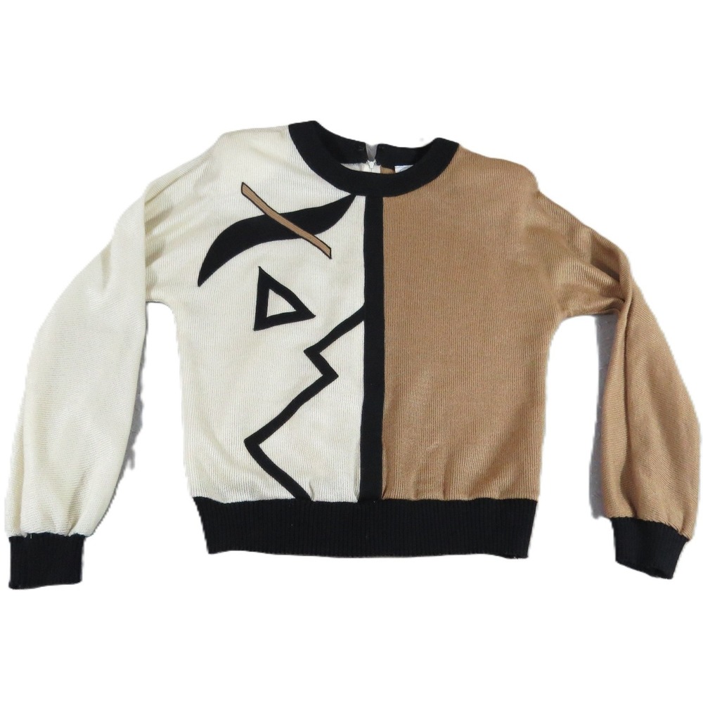 VTG Leslie Fay 80s Novelty Face Sweater Women 10 Colorblock Knit ILGWU USA Art